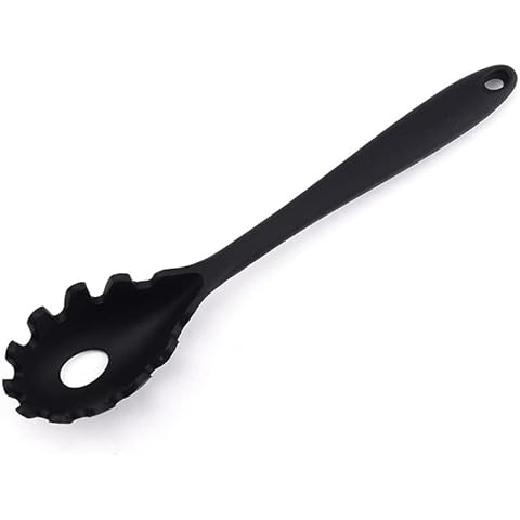Silicone Pasta Fork (11.5"), High Heat Resistant to 480°F, Hygienic One Piece Design, Spaghetti Strainer & Server Spoon Pasta Forks (Black) Cover