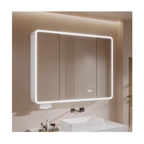 Moderno armario de pared con espejo de baño con estante de almacenamiento y soporte para secador de pelo, 80 cm, gabinete de medicina con espejo blanco para una nización eficiente del baño