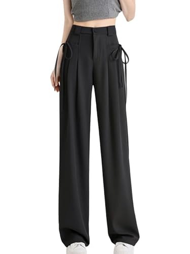 Women's Ruched Suit Pants Wide Leg Trousers Black Personality Lace Up with Pocket Elastic High Waist Baggy Pants Black XXL
