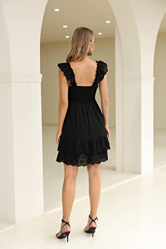 Kate Kasin Women's Ruffled Sleeve Square Neck Summer Babydoll Dress Double Layer Lace Floral Spliced Flowy Mini Dress Black M #TOP4