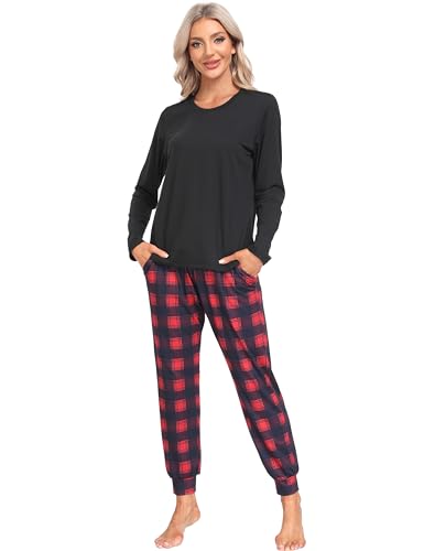 MoFiz Women's Long Sleeve Pajamas Sets with Plaid Pants Comfy Sleepwear Nightwear 2 Piece Pjs with Pockets3