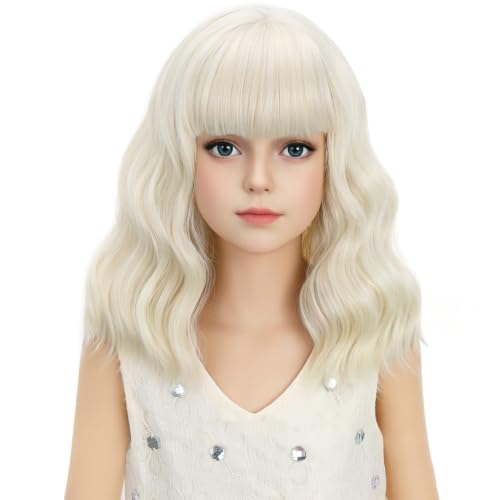 Image of Light Blonde Wig Short Platinum Blonde Wavy Curly Wigs with Air Bangs Synthetic Cosplay Hair Wig