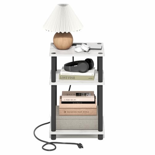 Image of Furinno Just 3-Tier Night Stand with Charging Station, Light Marble | USB and Type-C Charging Port, Open Shelf Bedside Table, Side Table, End Table, for Living Room, Bedroom