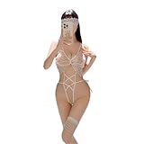 [harukita] コスプレ レオタード ハイレグ セクシー ランジェリー 3点セット メイド 水着 可愛い かわいい 連体 下着 コスチューム 紐パン 仮装 撮影 衣装 過激 衣装 ハロウィン クリスマス 目隠し付 人気 cosplay 仮装 フリーサイズ (ホワイト)