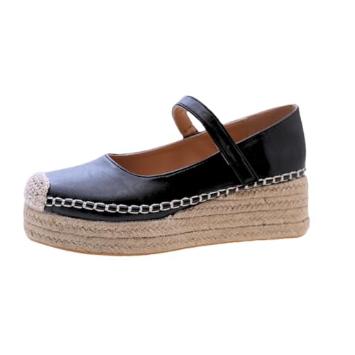 Espadrilles Wedges for Women, Mary Jane High Heels Woven Platform Espadrille Wedge Closed Toe Sandals Summer Flats - Main Image