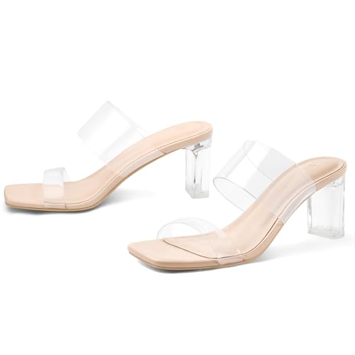 Image of mysoft Women's Clear Heels Square Toe Chunky Block Heel Sandals | 3 Inch Block Heel, Two Clear Straps, Slip On, Square Open Toe, Comfortable, Lightweight, Daily Walking, Party, Summer Dressy
