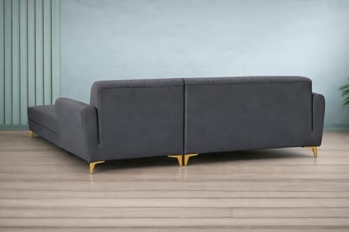 Image of Adorn India Premium Luster 6 Seater L Shape Sofa Set | Velvet Suede Fabric | 3-Year Warranty | RHS |Color Dark Grey with Golden Legs & Striped Pattern Cushion