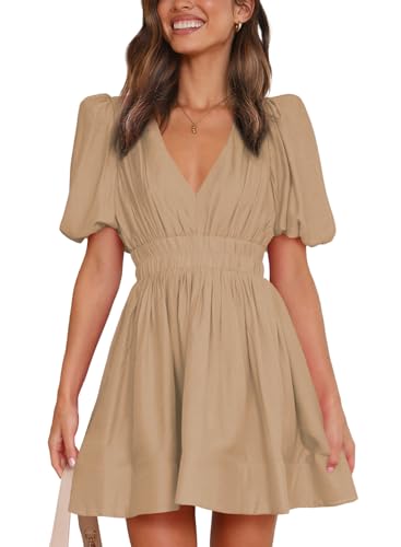 Image of Outfeel Women 2025 Summer Mini Dress Puff Short Sleeve Sexy V Neck A Line Elastic High Waist Flowy Swing Dresses