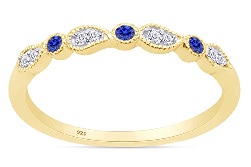 AFFY Round Cut White Natural Diamond & Simulated Blue Sapphire Stackable Leaf Wedding Band Ring In 14K Gold Over Sterling Silver For Women (Clarity : I2-I3, Color : I-J, 0.12 Cttw)