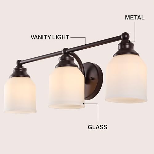 Image of JONATHAN Y 24 inch Oil Rubbed Bronze /White Modern Farmhouse LED Vanity Light Wall Sconce Fixture, Frosted White Glass Shade, Dimmable Wall Lamp for Bathroom Mirror Kitchen Sink, UL Listed (JYL7551C)