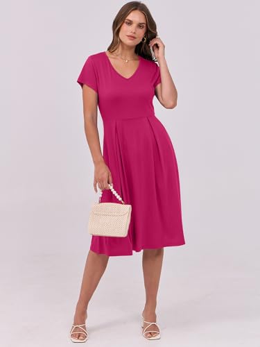 Image of ANRABESS Women Summer Dress Casual Short Sleeve V Neck A-Line Knee Length Pleated Flowy 2026 Fashion Midi Dresses with Pocket