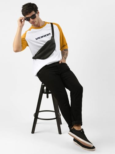 Image of Veirdo 100% Pure Cotton Oversized Loose Baggy Fit Drop Shoulder Round Neck Cool Front Chest Typographic Logo Printed Raglan Sleeve T-Shirt for Men (Colors: White, Black, Swanwhite, Beige & Grey)