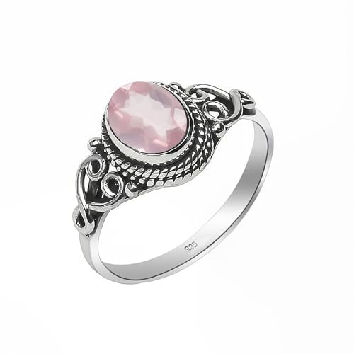 HIMALYA QUARTZ Anillo de piedras preciosas para mujer, anillo de plata de ley 925 para mujer y hombre, anillo de compromiso clásico moderno con piedra de cuarzo rosa NH RSQRZ 8