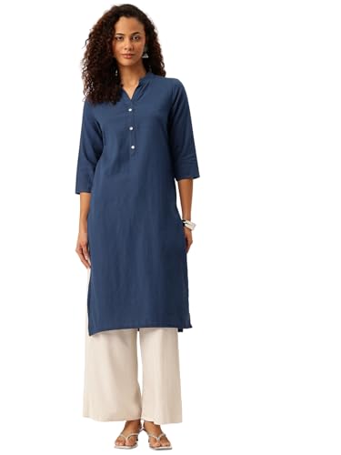 Image of feranoid Women's Plain Cotton Kurta with Mandarin Collar, 3 /4 Sleeves & Pocket