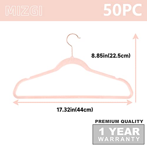 MIZGI Premium Velvet Hangers (50 Pack) Heavy Duty - Non Slip Felt Hangers - Blush Pink - Rose Gold 360 Degree Swivel Hooks,Space Saving Clothes Hanger,Durable Strong Hanger for Suits,Coats,Dress