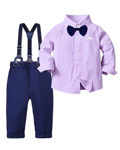 Image of SANGTREE Baby Suits for Boys Gentleman Wedding Outfits Long Sleeve Dress Shirt Suspender Pants Bowtie Boy Clothes Set, 1-6T