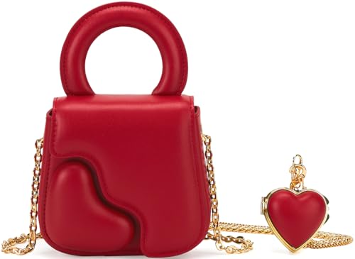 LAFESTIN Small Cowhide Leather Heart Purse For Women With Removable Shoulder Chain Strap - Designer Evening Bag With Heart Shape Mirror Heart Shaped Crossbody Purse For Wedding Cocktail Prom Club-Red