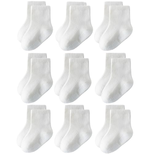 EUFANCE Toddler Grip Socks Non Slip Crew Cute Seamless Cotton Socks for Baby Boys Girls Infants Kids White 9 Pairs