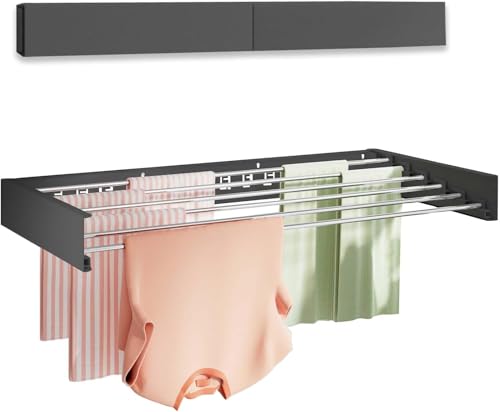 Image of JIALTO Stainless Steel Space Saver Folding Cloth Dryer Stand Wall Mounted Retractable Clothes Drying Rope Hanger, Foldable Cloth line Use Indoor and Outdoor for Home Grey