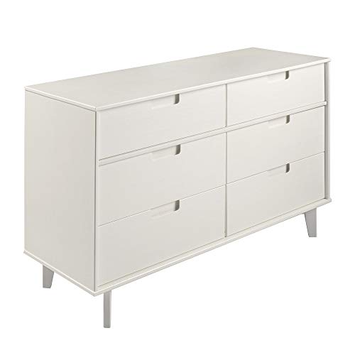 Walker Edison Mid Century Modern Grooved Handle Wood Dresser Bedroom Storage Drawer Organizer Closet Hallway, 6 Drawer, White