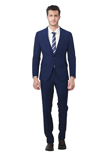 Men's Navy Blue 2 Piece Suit, Slim Fit Solid Jacket, Pants, and Tie for Business Wedding (Jacket 36/Pants Waist 32)3