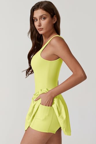 Image of QINSEN Womens Square Neck Tennis Dress Pleated Sleeveless Built in Shorts Golf Athletic Dress with Pockets