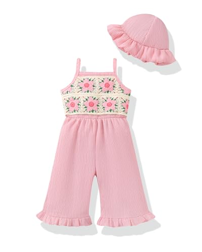 XUANHAO Baby Girls Outfits Infant 12 Months Girl Clothes Summer Toddler Romper 18 Months with Sun Hat One-Piece Sleeveless Pink Flower Crochet Outfits for Girls Jumpsuit Sets 12-18 Month Girl Clothes