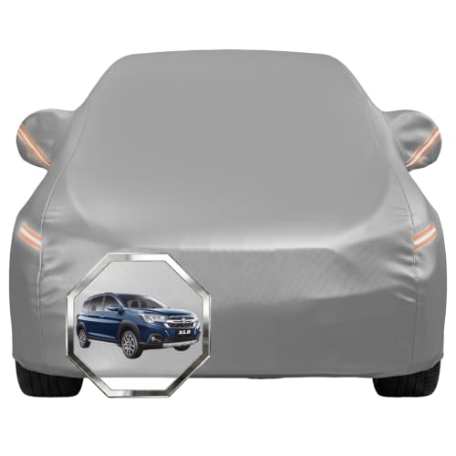 Image of Pivalo Car Cover for Maruti Suzuki XL6 All Model & Years with Mirror Pocket 100% Waterproof Triple Stitched Bottom Elastic Dust, Heat & UV Resistant Full Body Protection (Grey with Highlighter)