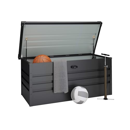Hoggar - Gartenbox Metall XL 450 Liter - Robuste Stärke 0,40mm – Wetterfest Outdoor - Schlüssel enthalten - Klappbarer Deckel - Inklusive Boden - Gartentruhe Wasserdicht - 120x61x62cm