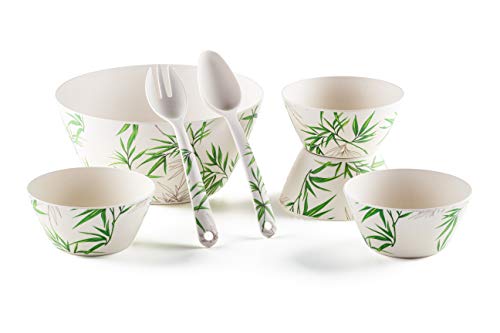 ROSMARINO - Juego de 7 cuencos de bambú para ensalada - Práctico juego con cuenco grande para servir, 4 cuencos pequeños, tenedor y cuchara, fabricado con fibras naturales de bambú