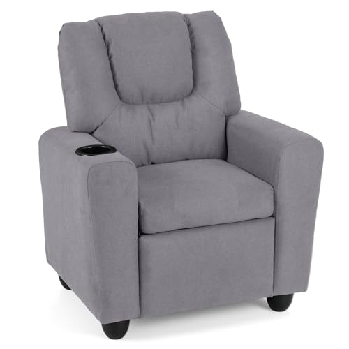 Image of Kids Recliner, Toddler Lounge Chair w /Cup Holder, Wide Armrest, Kids Sofa w /Adjustable Footrest, Comfy Toddler Recliner Chair for for Boys & Girls 3 + (Fabric, Grey)