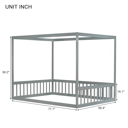 Image of Full Size 4-Posters Canopy Bed Frame with Fence Guardrails, Rubber Wood Montessori Floor Platform Bed for Kids Teens Girls Boys, No Box Spring Needed (Grey-02)