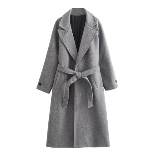 Veste d'hiver à col pour femme avec ceinture grise et manches longues coupe ample