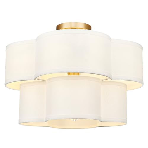 Image of Gold Semi Flush Mount Ceiling Light, 5-Light 18 inch Ceiling Light Fixtures with Double Fabric Drum Shade in Quatrefoil Shape, Light Fixtures Ceiling Mount for Nursery Bedroom, AD-22007-5SF-GD