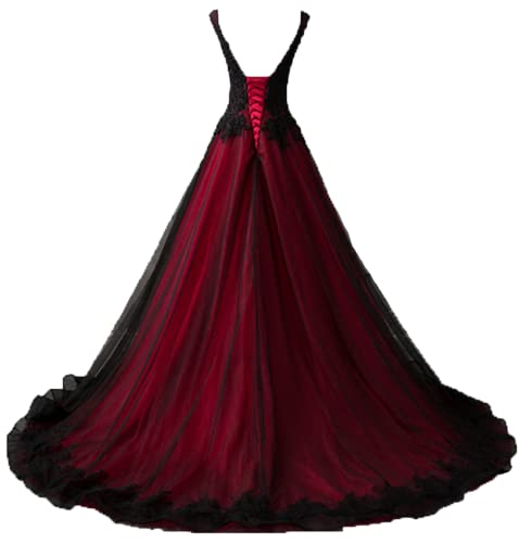 ZVOCY V-Neck Wedding Dresses Gothic Black Tulle Lace Applique Formal Prom Ball Gowns3