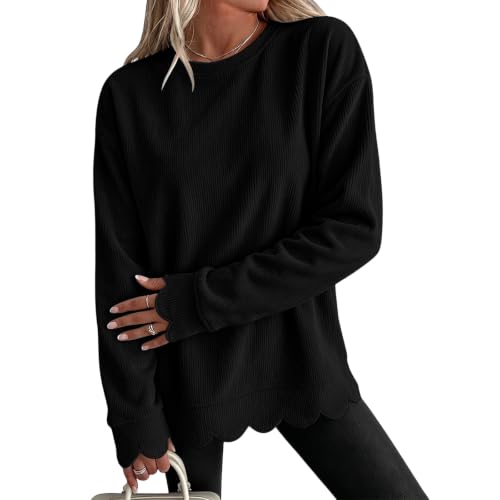 HswsEJ Womens Crew Neck Sweatshirt Fall Corduroy Scalloped Edge Sweatshirt - image 1