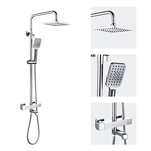 Lfgud Shower Faucet Set 8" Square Shower Head 3 Function Thermostatic Rainfall Shower Faucet Set Handheld Sprayer Tub Spout Polished Chrome With Height Adjustable Slide Bar #TOP8