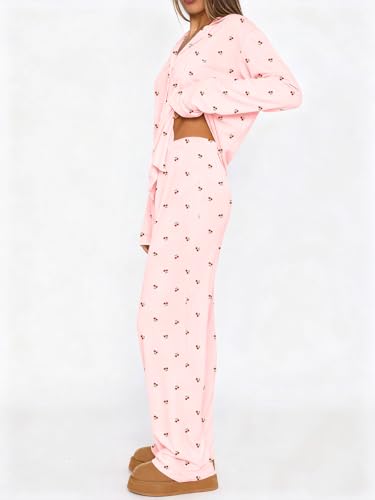 Image of Dressmine Ladies Long Sleeve Cute Pajama Sets 2 Piece Fall Outfits Button Up Pjs Set Loungewear