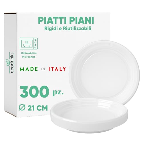 ecodrinks - 300 Piatti Piani Bianchi da Ø21cm - RIUTILIZZABILI - Base Antiscivolo, Robusti e Lavabili - Ideali per Sagre, Feste, Eventi - Scelta Ecologica e Sostenibile