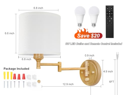 Image of GOODATE Plug in Wall Sconces with Remote Control, Dimming & Adjustable Colors 2700K-6500K, Hardwire or Plug-in, Swing Arm Wall Lamp, Wall Sconces Set of Two, White Fabric Shade, Oak Finish