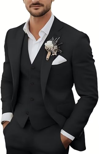 Men's 3 Piece Suits Slim Fit Linen Lightweight Blazer Vest Pants Set Wedding Groomsmen Suit