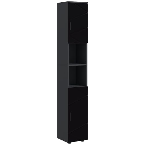 kleankin Columna de baño de aglomerado con 2 estantes abiertos y 2 armarios de 2 niveles ajustables, 30 x 30 x 183 cm, negro y gris oscuro