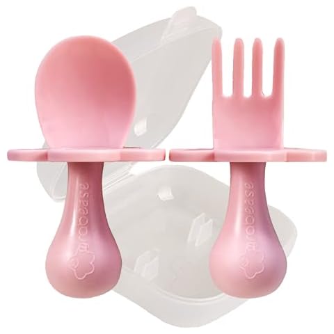 Grabease Baby and Toddler Self-Feeding Utensils - Spoon and Fork Set for Baby-Led Weaning - Made of Non-Toxic Plastic - Featuring Protective Barriers to Prevent Choking and Gagging Cover