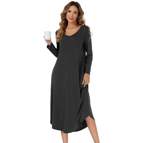 SHCNSJC Nachthemd Damen lang V-Ausschnitt Langarm Nachthemd für Damen Winter Nachtkleid langes Schlafhemd mit Taschen,Dunkelgrau,XL