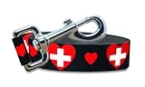 PatriaPet Switzerland Dog Leash | I Love Switzerland | Heavy Duty Metal Snap Hook | Black | Switzerland Flag | 6 Foot or 4 Foot | All Countries Available | Made in NJ, USA