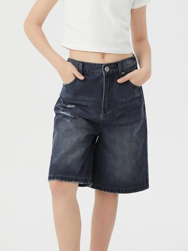 Image of Girls Shorts Elastic Waist Jorts Denim Jean Shorts Ripped Knee Length Bermuda Shorts for Kids Teen Girls Summer