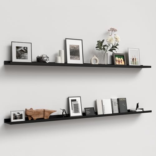 Boswillon 70.9 Inches Long Floating Shelves, 2 Set Modern Wall Shelf for Bedroom, Nursery Book Shelf with Lip, Picture Ledge Shelf for Wall Decor Living Room Bathroom Kitchen - Black