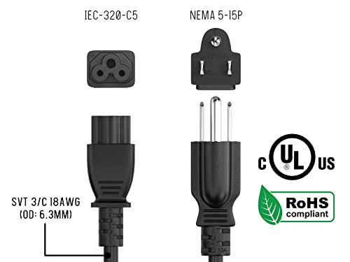 Cable Leader 15Ft 3-Prong Notebook Ac Power Cord Iec320 C5 To Nema 5-15P Ul Listed #TOP5