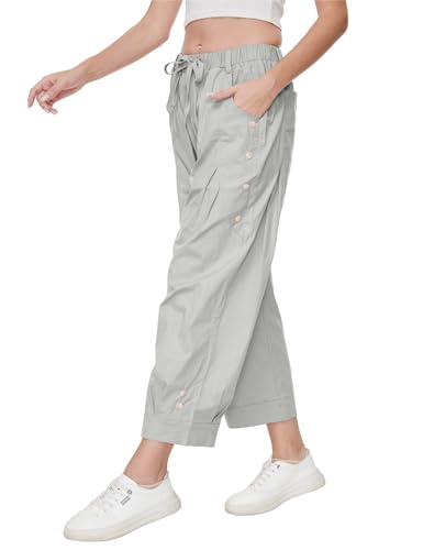 Women Wide Leg Capri Pants Drawstring Elastic Waist Lounge Pants Baggy Cinch Bottom Cropped Trousers with Pockets3