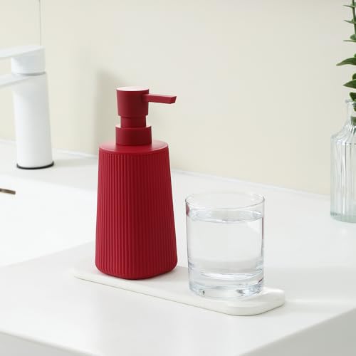 Small Soap Dispenser for Bathroom and Kitchen, Modern Farmhouse Striped Style Plastic Hand Soap Dish Soap Dispenser with Pump Matte Red
